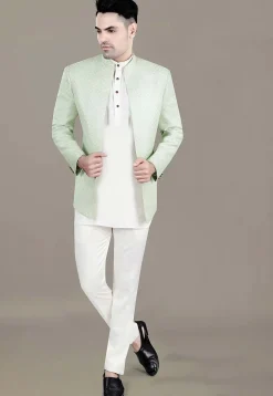 Embroidered Art Silk Jacquard Jodhpuri Suit in Light Green