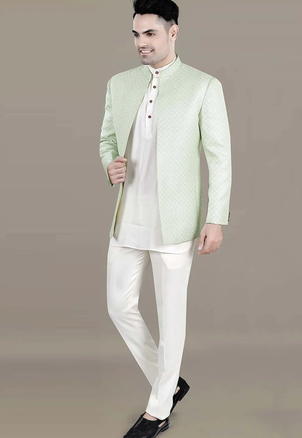 Embroidered Art Silk Jacquard Jodhpuri Suit in Light Green