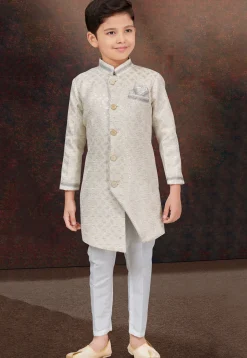 Embroidered Art Silk Jacquard Sherwani in Cream