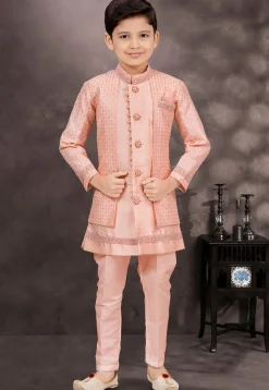 Embroidered Art Silk Jacquard Layered Sherwani in Peach