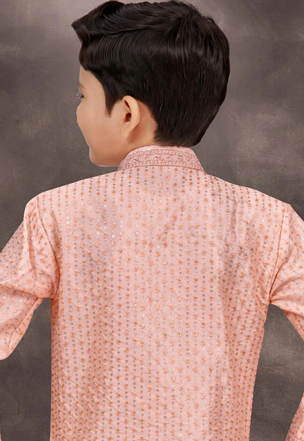 Embroidered Art Silk Jacquard Layered Sherwani in Peach