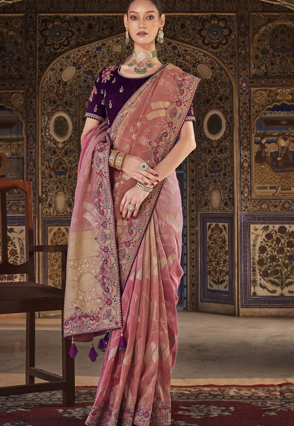 Embroidered Art Silk Jacquard Saree in Peach