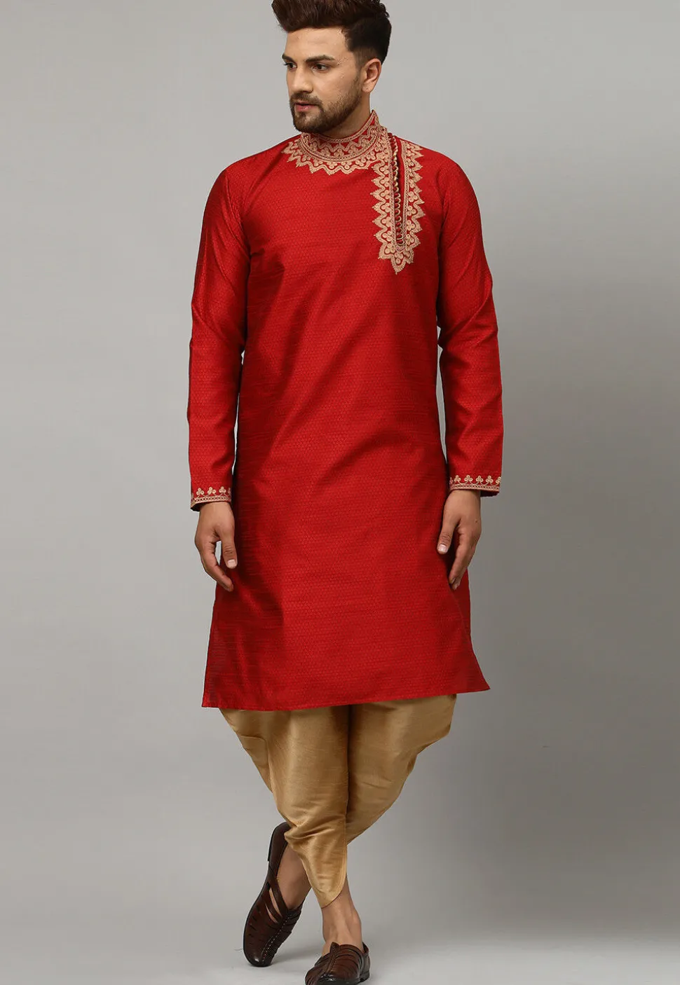 Embroidered Art Silk Jacquard Dhoti Kurta in Maroon