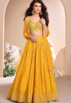 Embroidered Art Silk Jacquard Lehenga in Mustard