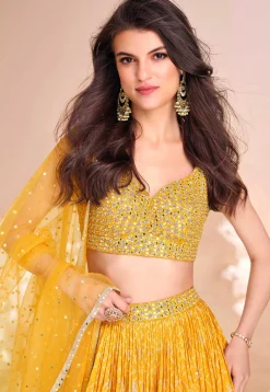 Embroidered Art Silk Jacquard Lehenga in Mustard