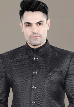 Embroidered Art Silk Jacquard Jodhpuri Jacket in Black