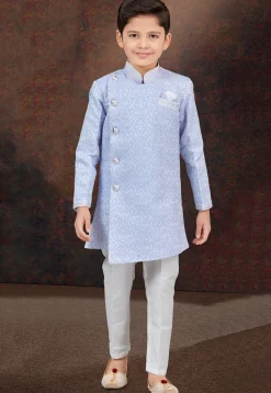 Embroidered Art Silk Jacquard Sherwani in Blue and Off White