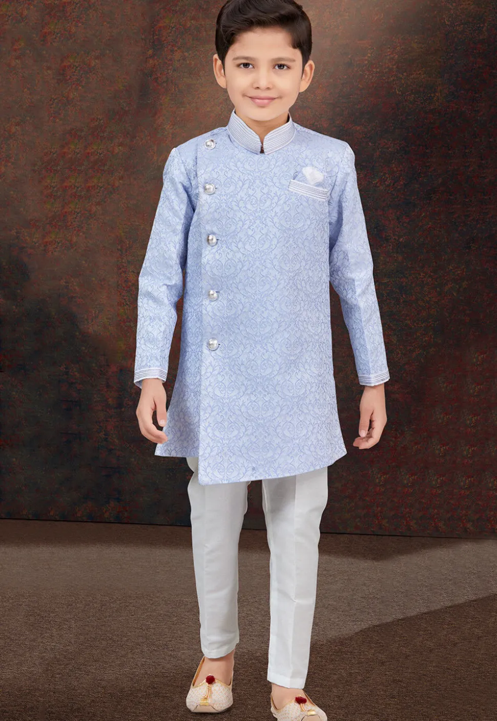 Embroidered Art Silk Jacquard Sherwani in Blue and Off White