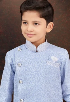 Embroidered Art Silk Jacquard Sherwani in Blue and Off White