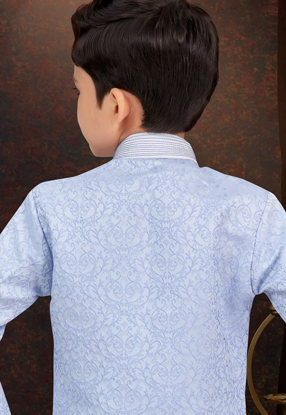 Embroidered Art Silk Jacquard Sherwani in Blue and Off White