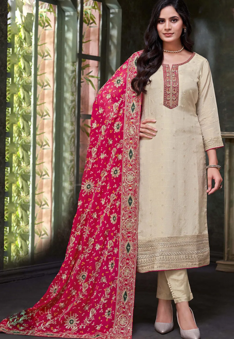 Embroidered Art Silk Jacquard Pakistani Suit in Light Beige