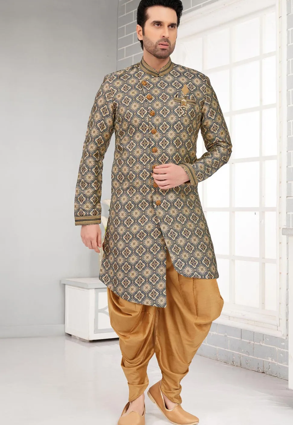 Embroidered Art Silk Jacquard Dhoti Kurta in Dark Grey
