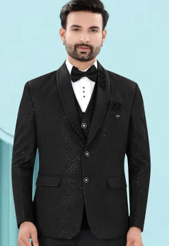 Embroidered Art Silk Jacquard Blazer in Black
