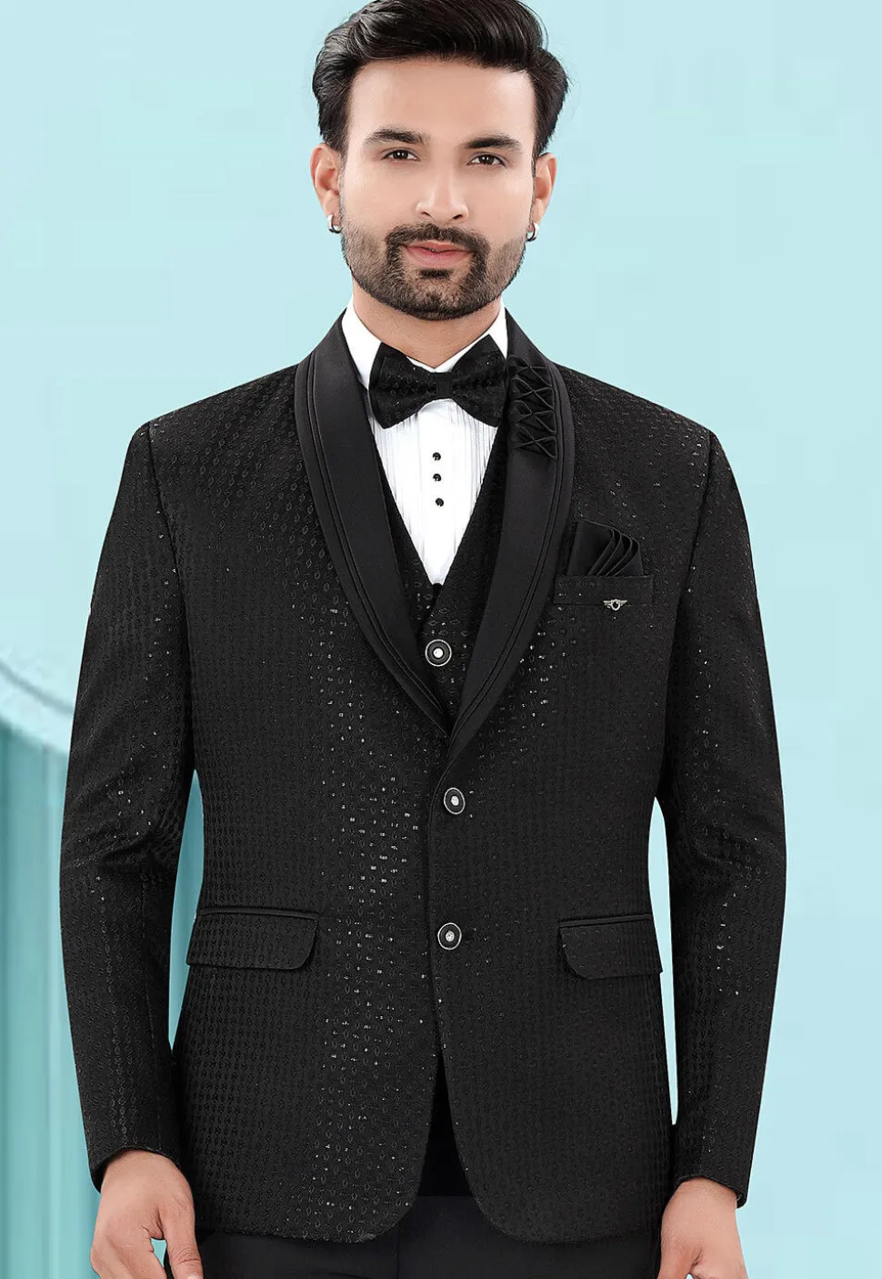 Embroidered Art Silk Jacquard Blazer in Black