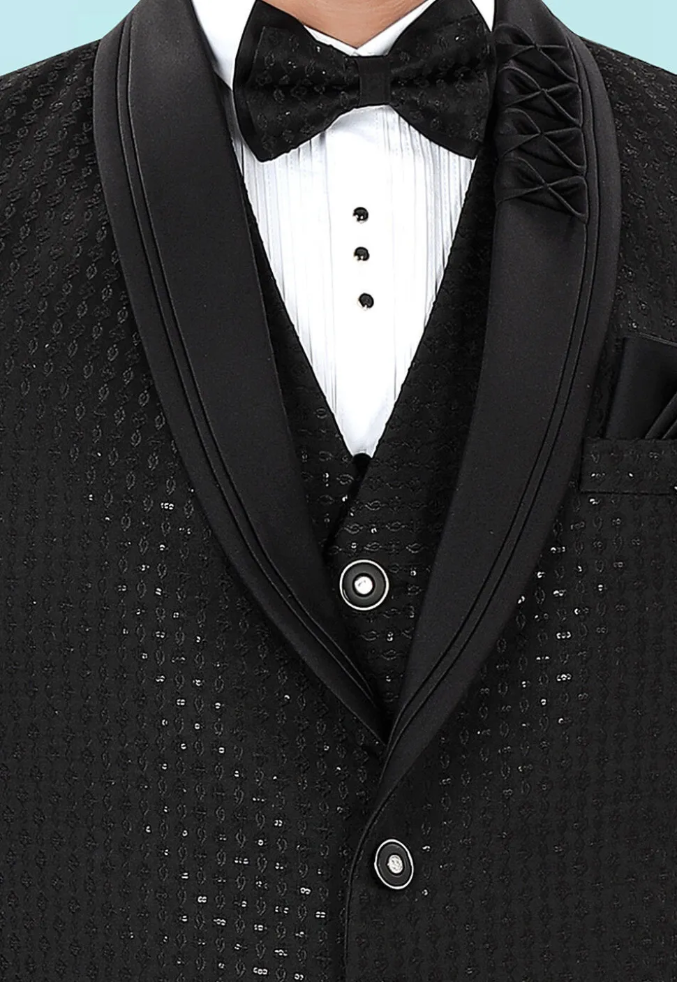 Embroidered Art Silk Jacquard Blazer in Black