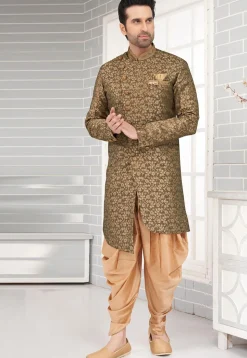 Embroidered  Art Silk Jacquard Dhoti Kurta in Dark Olive Green