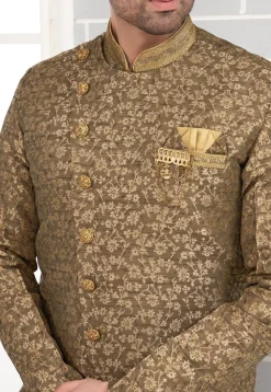 Embroidered  Art Silk Jacquard Dhoti Kurta in Dark Olive Green