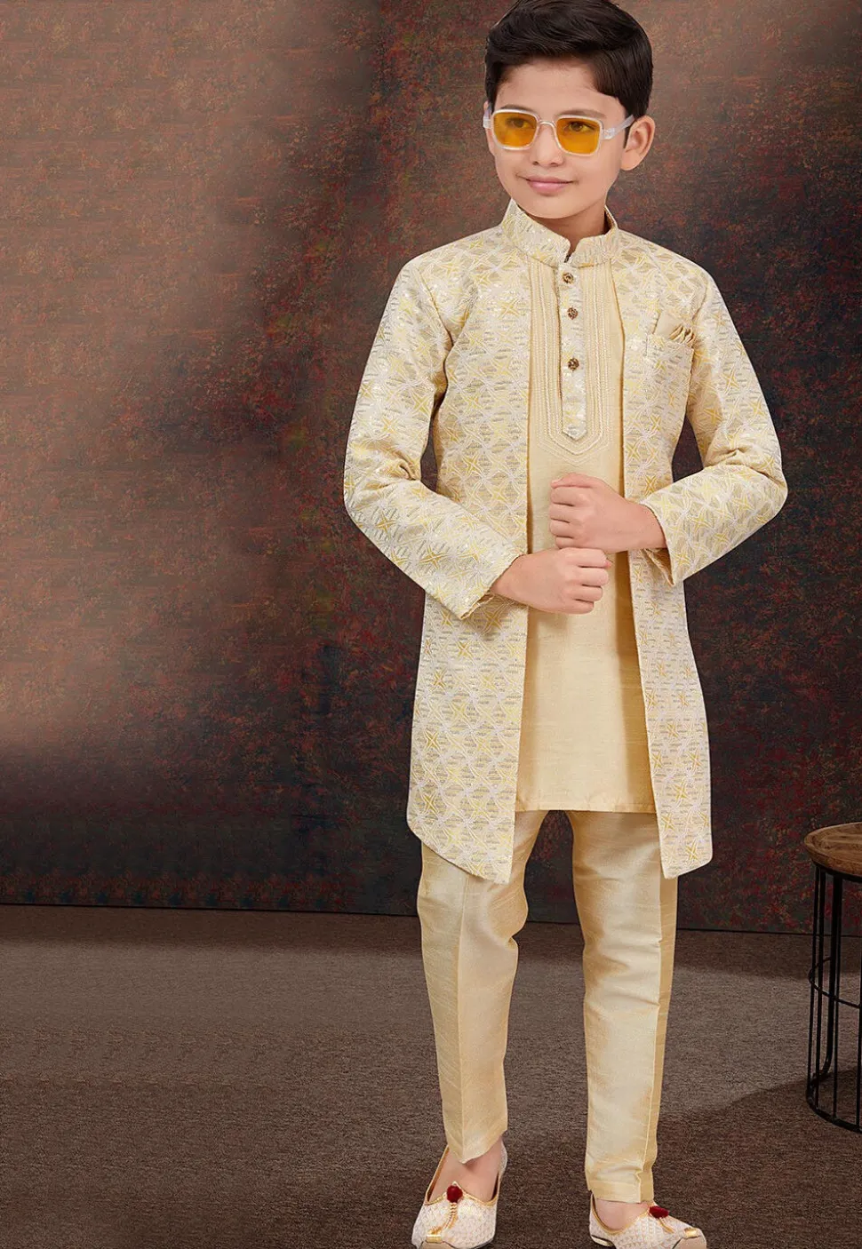 Embroidered Art Silk Jacquard Layered Sherwani in Beige and Cream