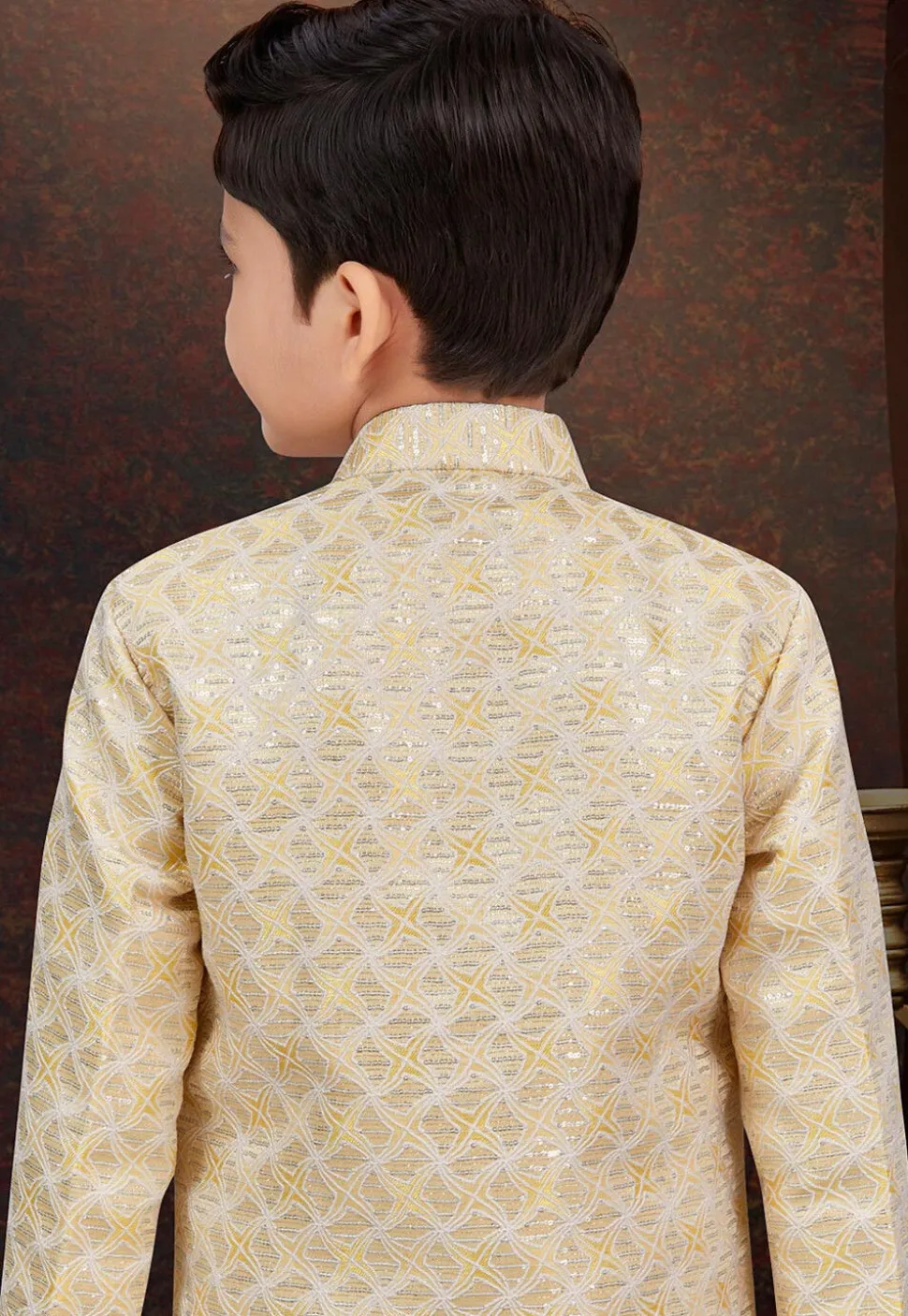 Embroidered Art Silk Jacquard Layered Sherwani in Beige and Cream