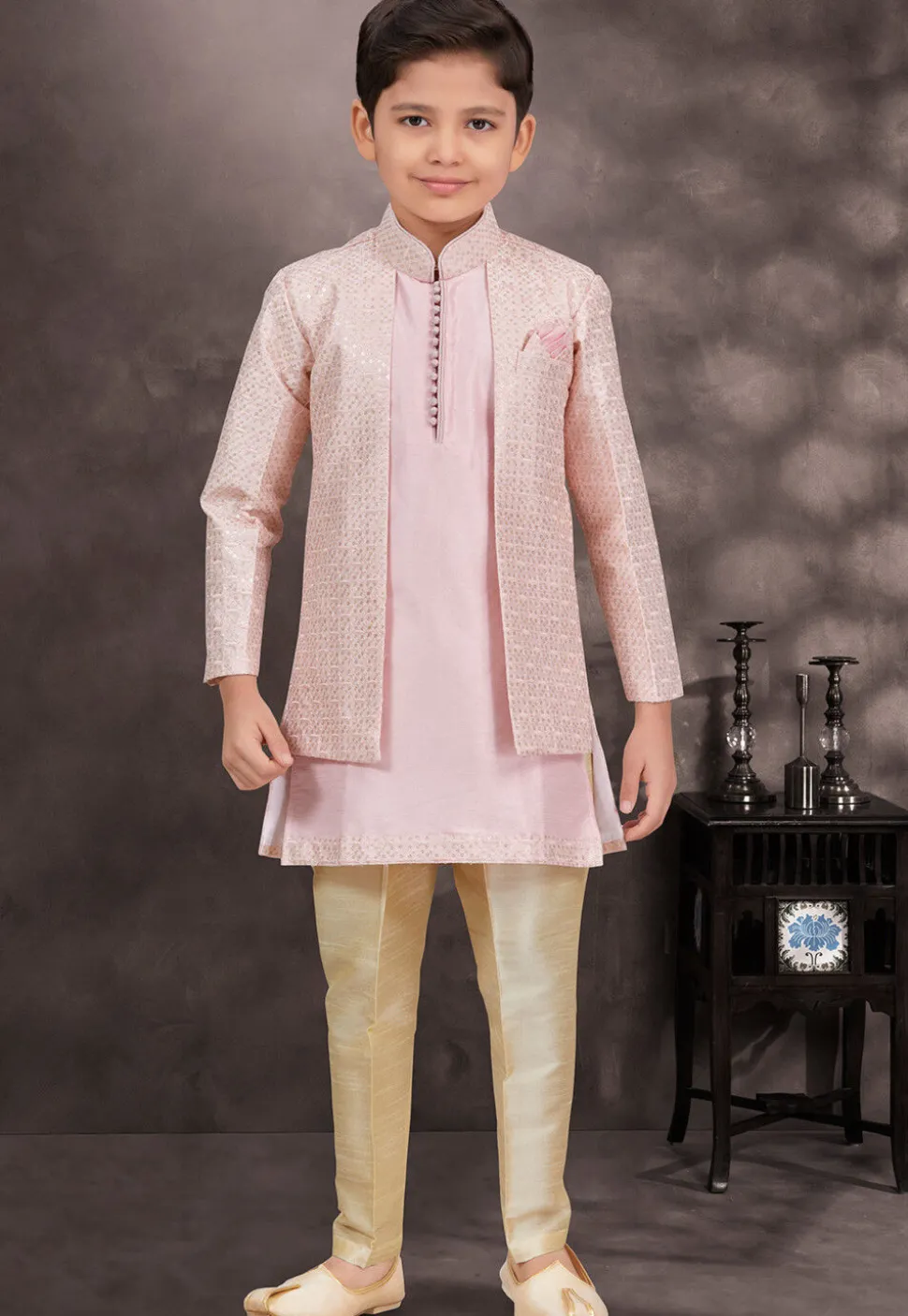Embroidered Art Silk Jacquard Layered Sherwani in Pink