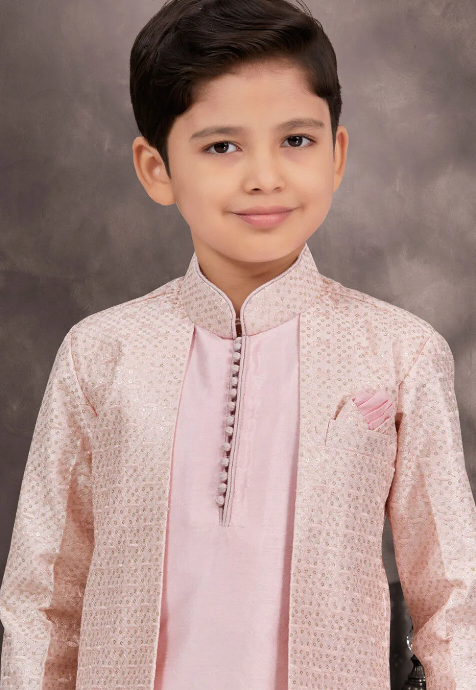 Embroidered Art Silk Jacquard Layered Sherwani in Pink