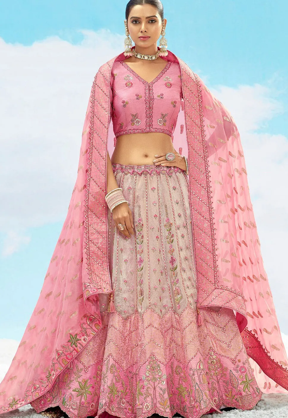 Embroidered Art Silk Jacquard Lehenga in Peach