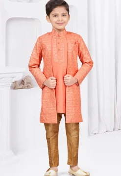 Embroidered Art Silk Jacquard Sherwani in Dark Orange