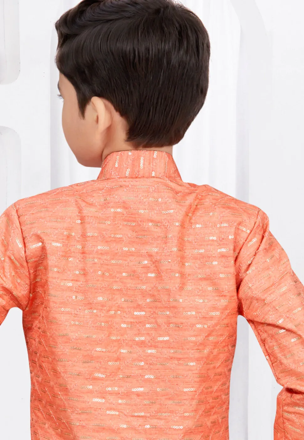 Embroidered Art Silk Jacquard Sherwani in Dark Orange