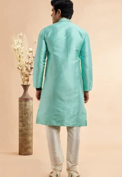 Embroidered Art Silk Jacquard Kurta Set in Sea Green
