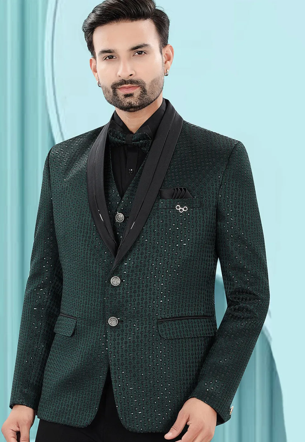 Embroidered Art Silk Jacquard Blazer in Dark Green