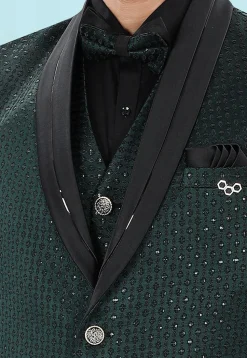 Embroidered Art Silk Jacquard Blazer in Dark Green