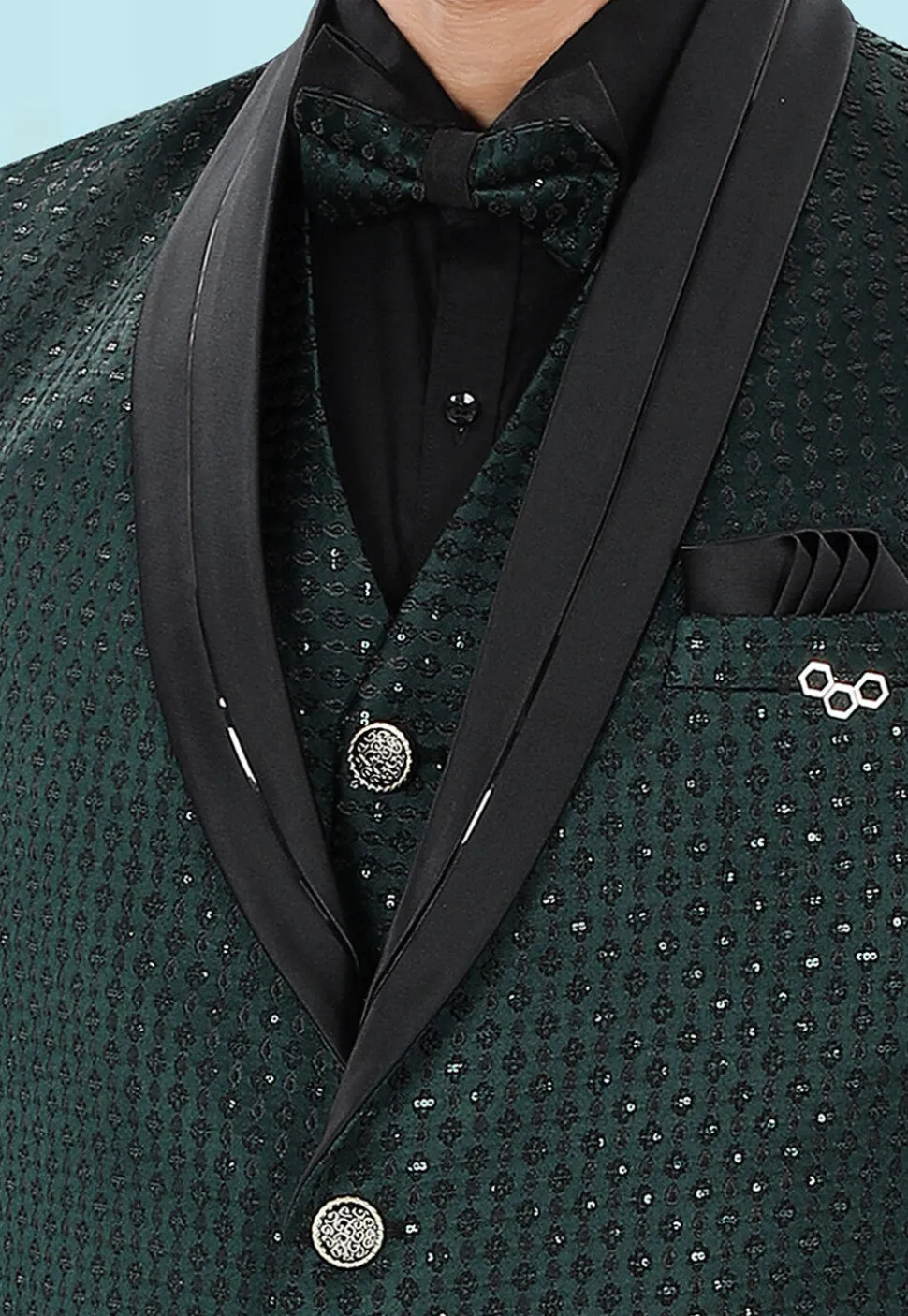 Embroidered Art Silk Jacquard Blazer in Dark Green