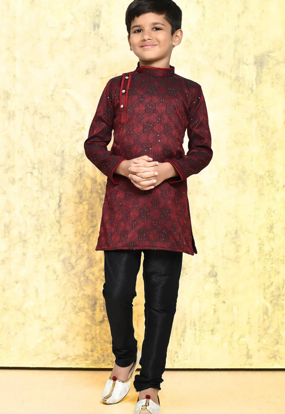 Embroidered Art Silk Jacquard Kurta Set in Maroon