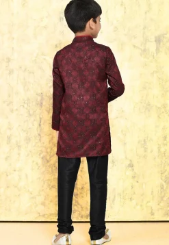 Embroidered Art Silk Jacquard Kurta Set in Maroon