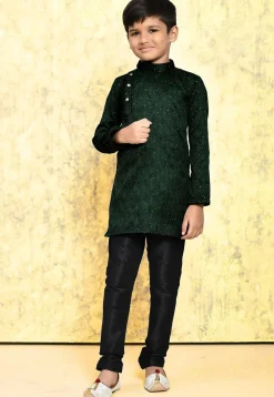 Embroidered Art Silk Jacquard Kurta Set in Dark Green