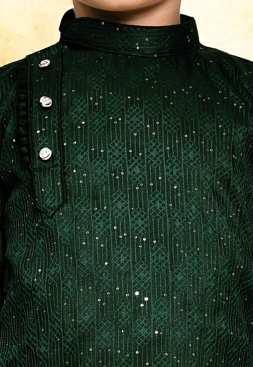 Embroidered Art Silk Jacquard Kurta Set in Dark Green
