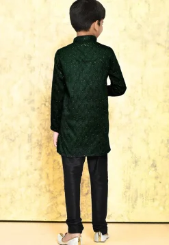 Embroidered Art Silk Jacquard Kurta Set in Dark Green