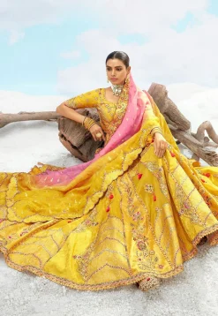 Embroidered Art Silk Jacquard Lehenga in Yellow