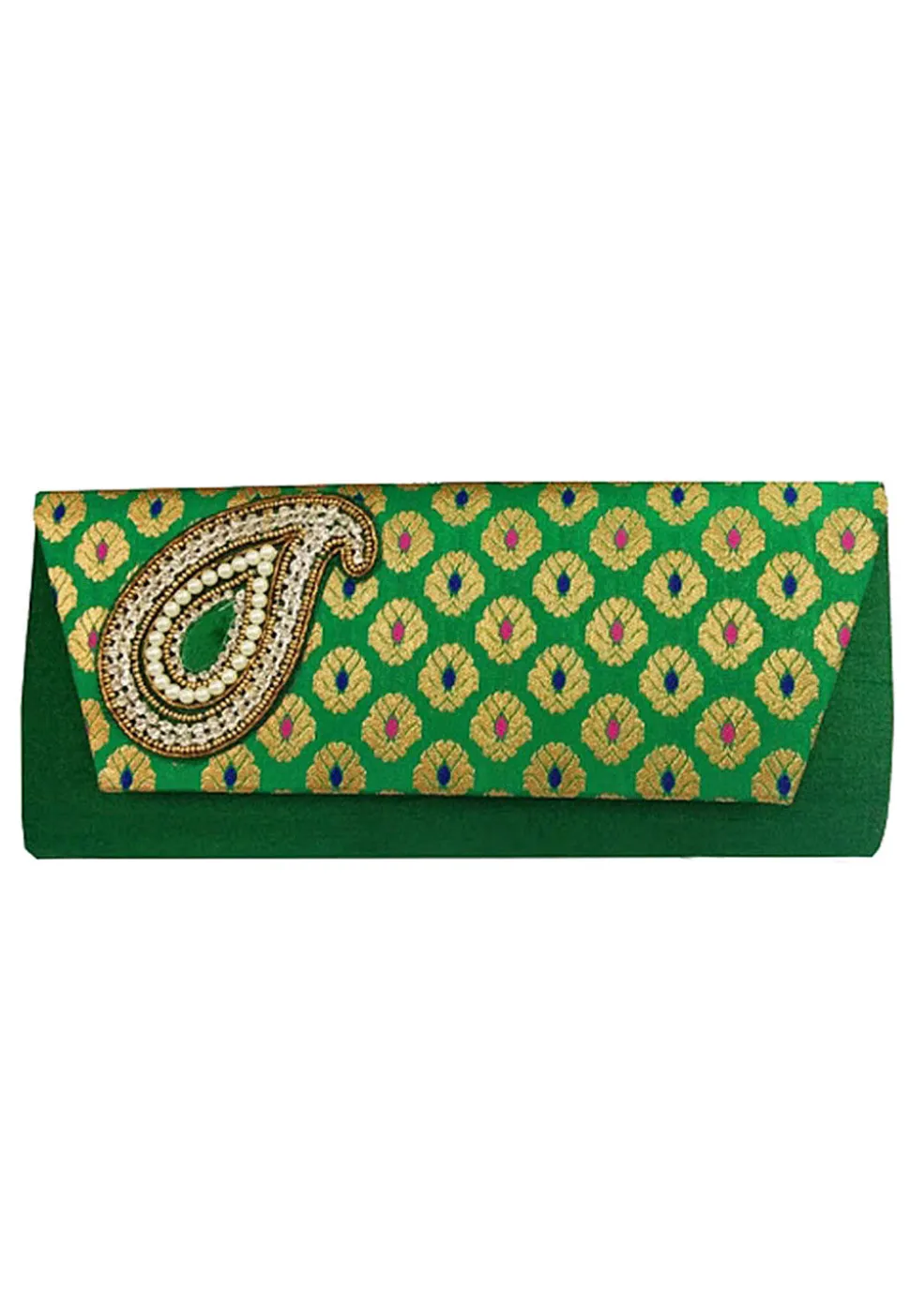 Embroidered Art Silk Jacquard Flap Clutch Bag in Green