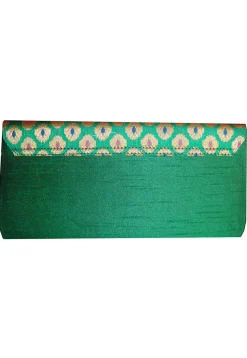 Embroidered Art Silk Jacquard Flap Clutch Bag in Green