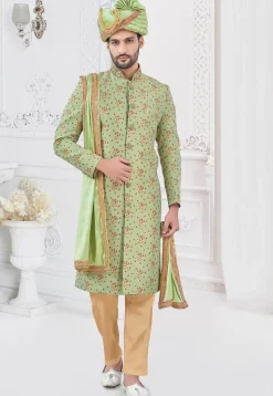 Embroidered Art Silk Jacquard Sherwani in Light Green