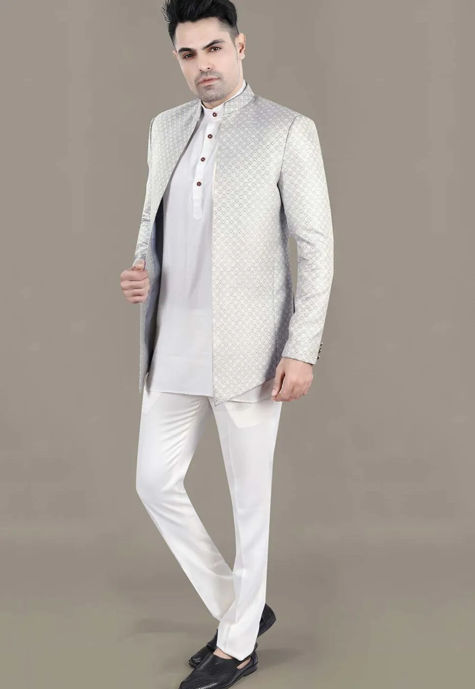 Embroidered Art Silk Jacquard Jodthpuri Suit in Grey