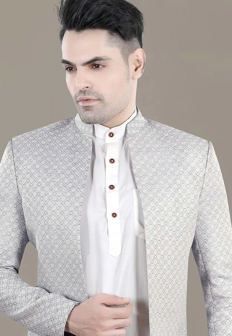 Embroidered Art Silk Jacquard Jodthpuri Suit in Grey