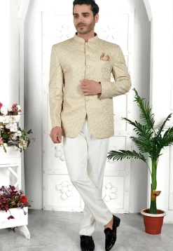 Embroidered Art Silk Jacquard Jodhpuri Jacket in Beige