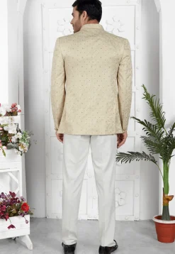 Embroidered Art Silk Jacquard Jodhpuri Jacket in Beige