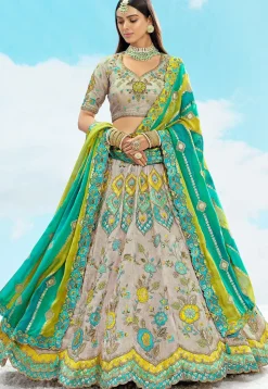 Embroidered Art Silk Jacquard Lehenga in Fawn
