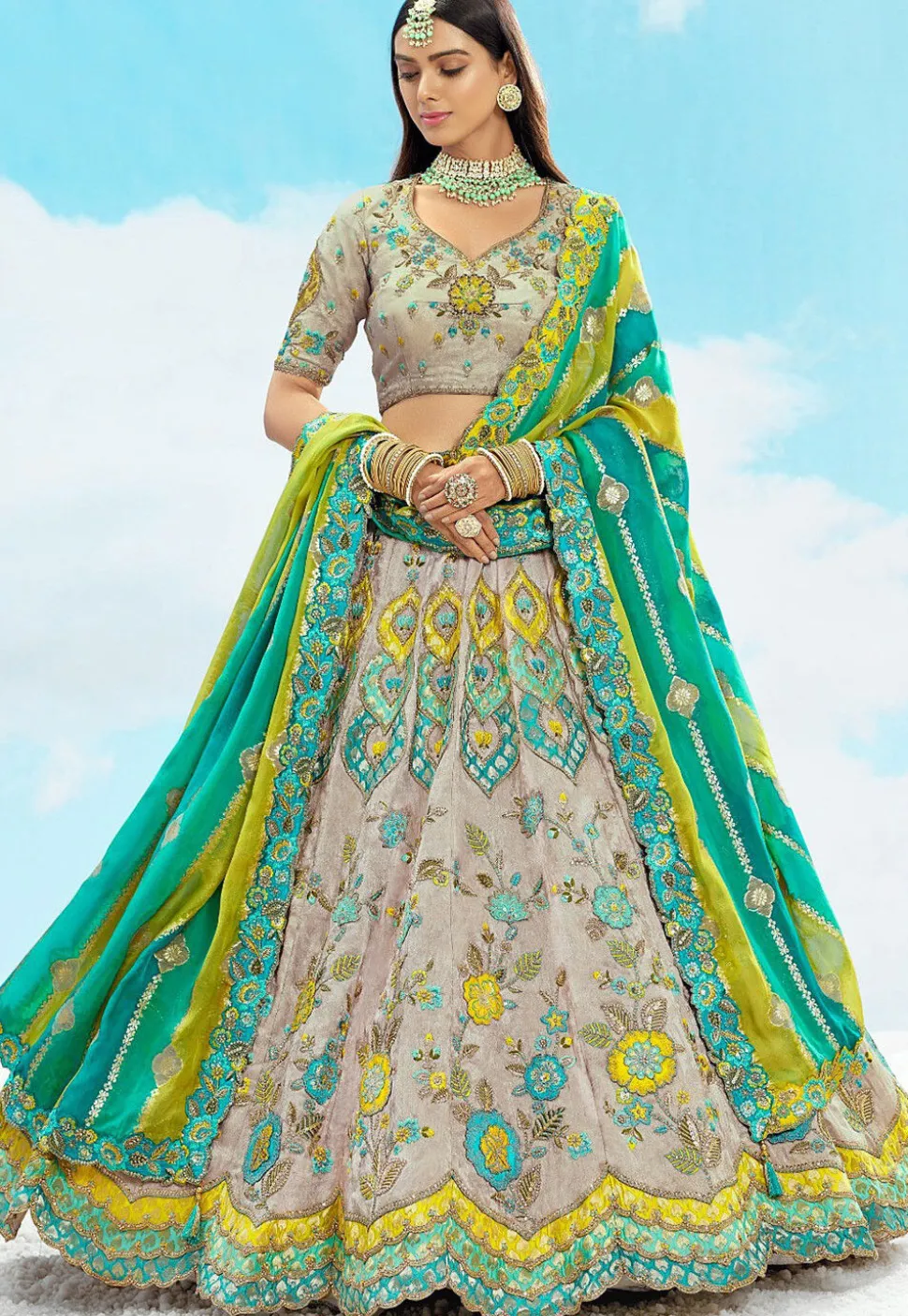 Embroidered Art Silk Jacquard Lehenga in Fawn