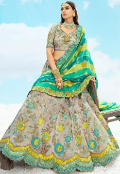 Embroidered Art Silk Jacquard Lehenga in Fawn