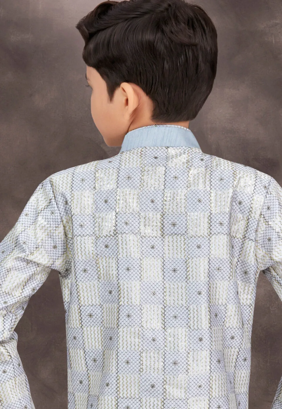 Embroidered Art Silk Jacquard Layered Sherwani in Sky Blue and Grey