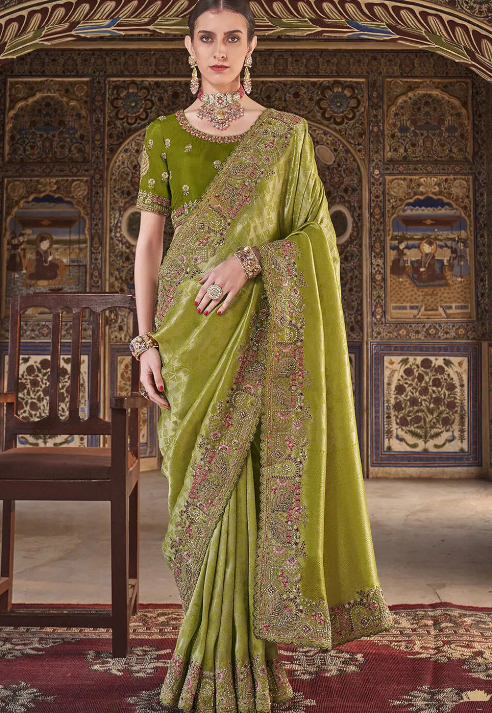 Embroidered Art Silk Jacquard Saree in Olive Green